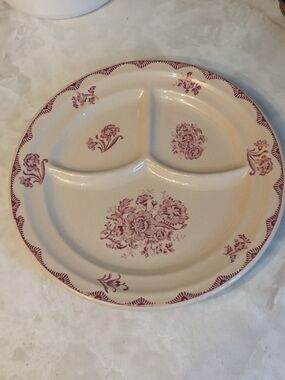 Divided Vintage Stoneware Dinner Plate with Cream And Pink Floral Pattern